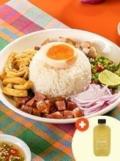 <span>
  <span>Rice with
  chilli dip, grilled pork and condiments + Herbal juice</span></span>