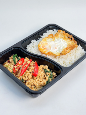 <span>
  <span>Stir-fried chicken with hot basil leaves + Fried egg (10 boxes)</span></span>