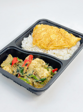 <span>
  <span>Stir-fried chicken with green curry paste + Omelet (10 boxes)</span></span>