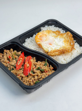 <span>
  <span>Spicy stir-fried with pork and basil leaves + Fried egg (10
  boxes)</span></span>